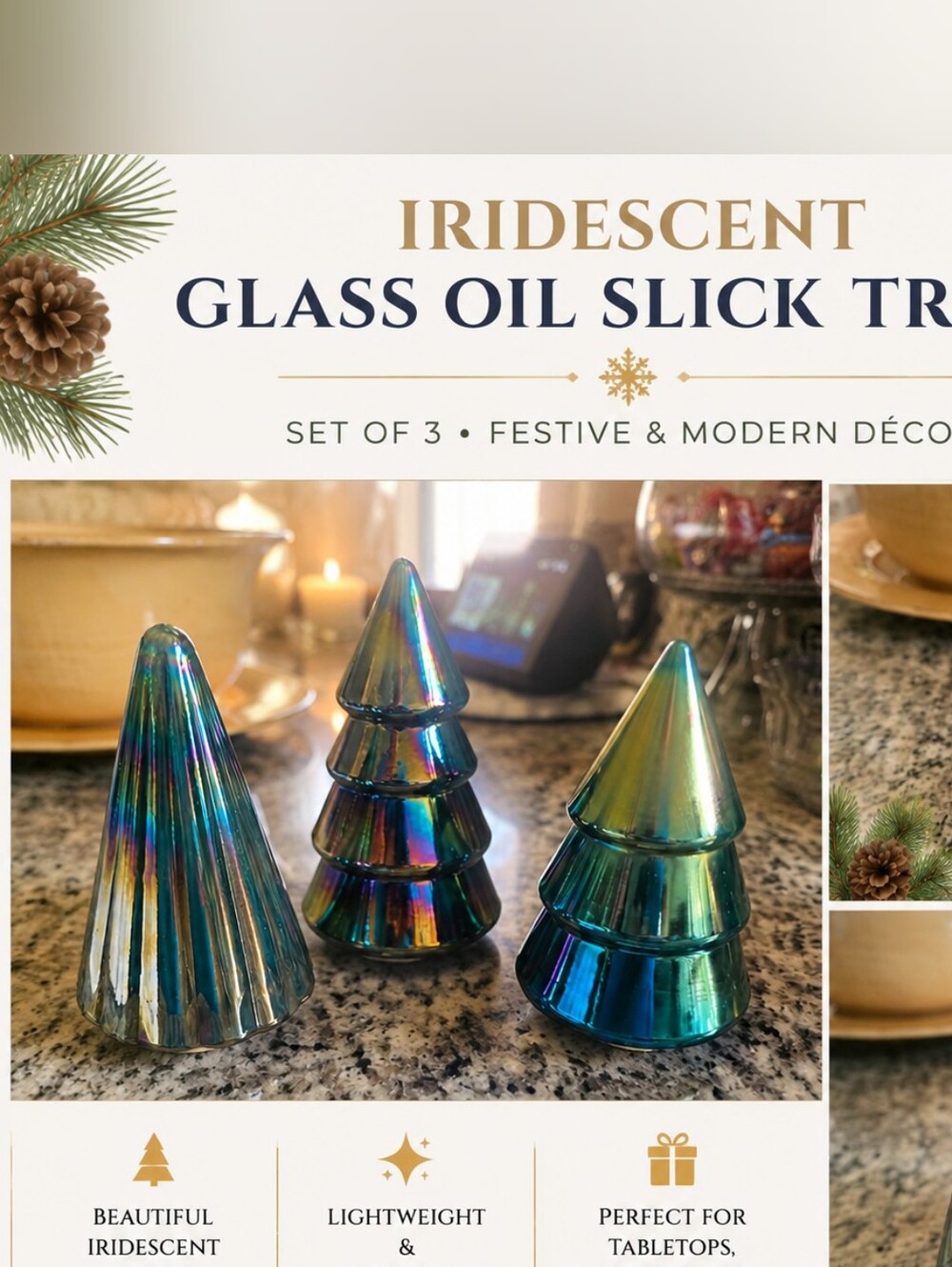 Set of 3 Iridescent Glass Oil Slick Christmas Trees Tabletop Decor NWT - Picture 11 of 11